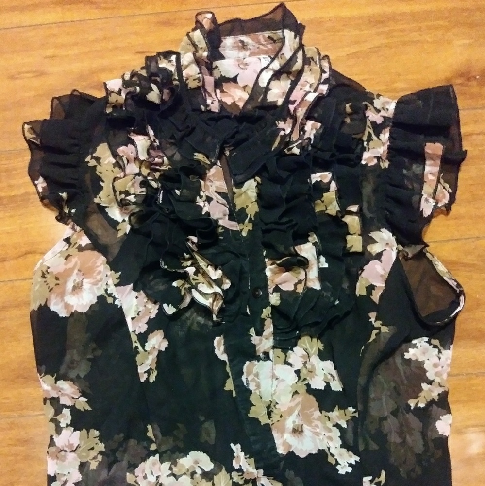 Live 4 Truth Black Floral Sheer Blouse w/ Ruffles